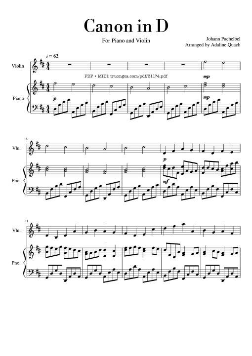 Sheet Music PDF for Canon in D major Piano Violin