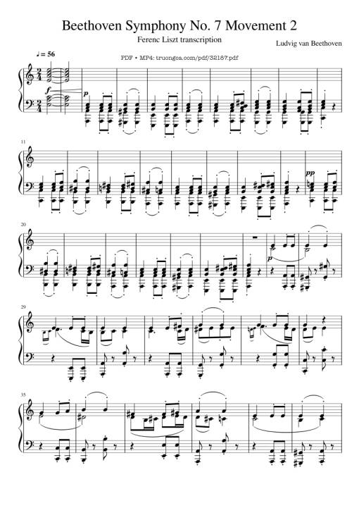 Sheet Music PDF for Beethoven Symphony No. 7 Movement 2 Piano