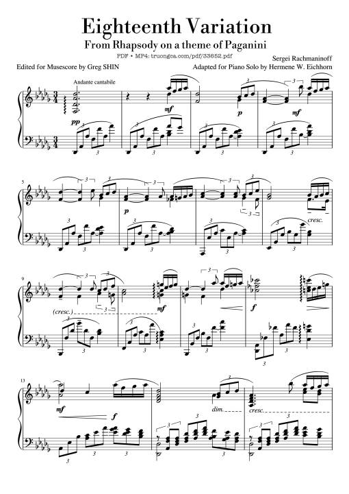 Rhapsody on a Theme of Paganini - 18th Variation Rachmaninov Piano Easy