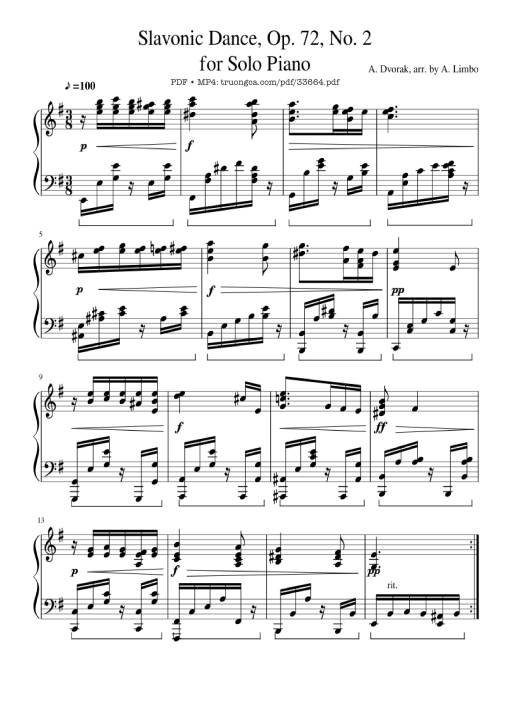 Sheet Music PDF for Slavonic Dances, Op.72 No.2 Piano Solo