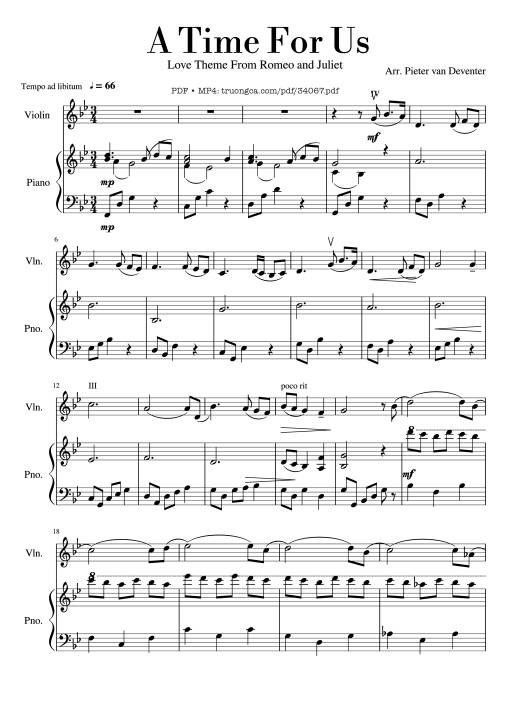 Sheet Music PDF for A Time For Us Piano & Violin