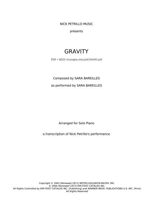 Sheet Music PDF for GRAVITY Piano - SARA BAREILLES