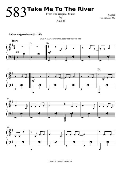 Sheet Music PDF for Take Me To The River Piano
