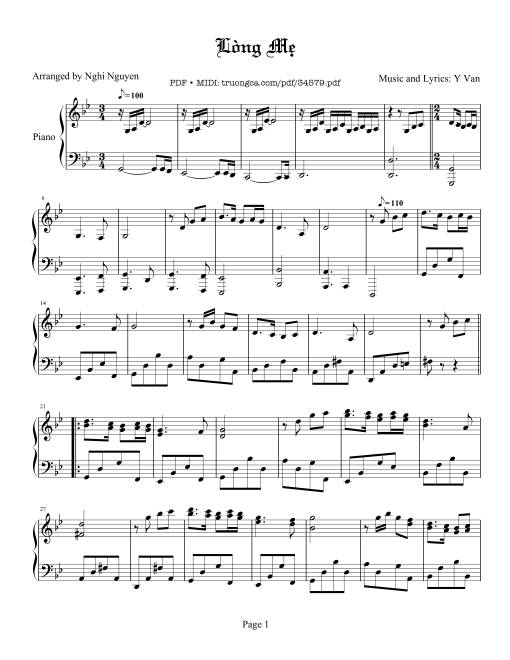 Sheet Music PDF for Lòng mẹ piano