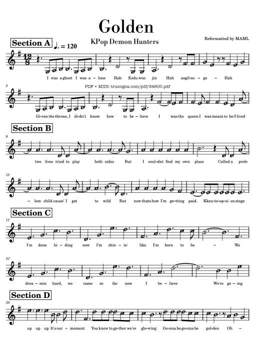 Sheet Music PDF for Golden KPop Demon Hunters Melody Piano