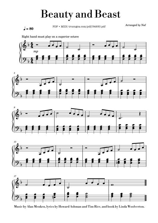 Sheet Music PDF for Beauty and Beast Piano