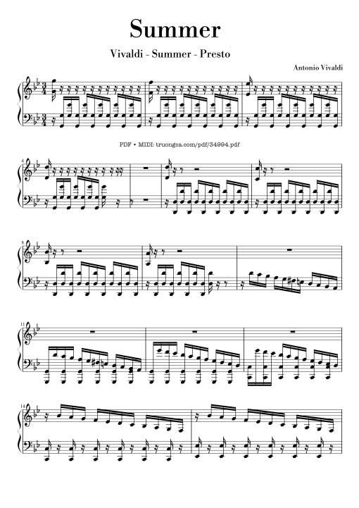 Sheet Music PDF for Summer - Vivaldi - Presto Piano