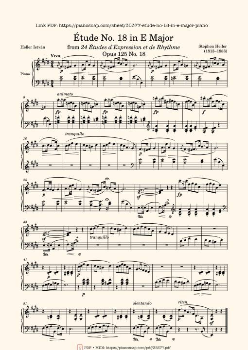 Sheet Music PDF for Étude No. 18 in E Major Piano