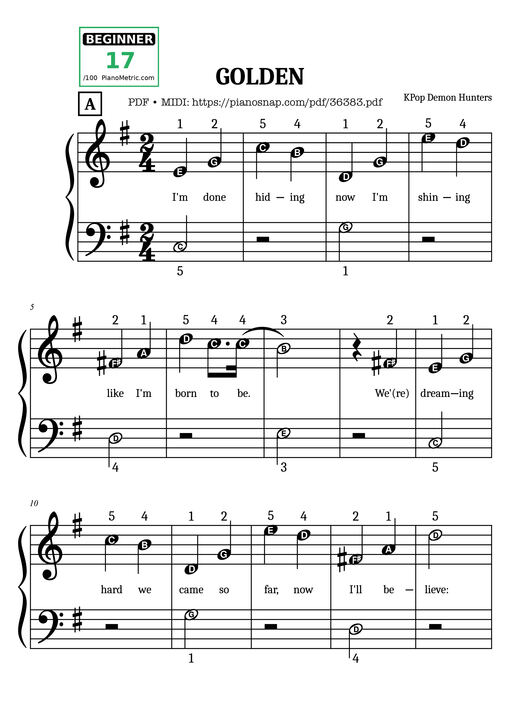 Sheet Music PDF for Golden (KPop Demon Hunters) Simplified Piano