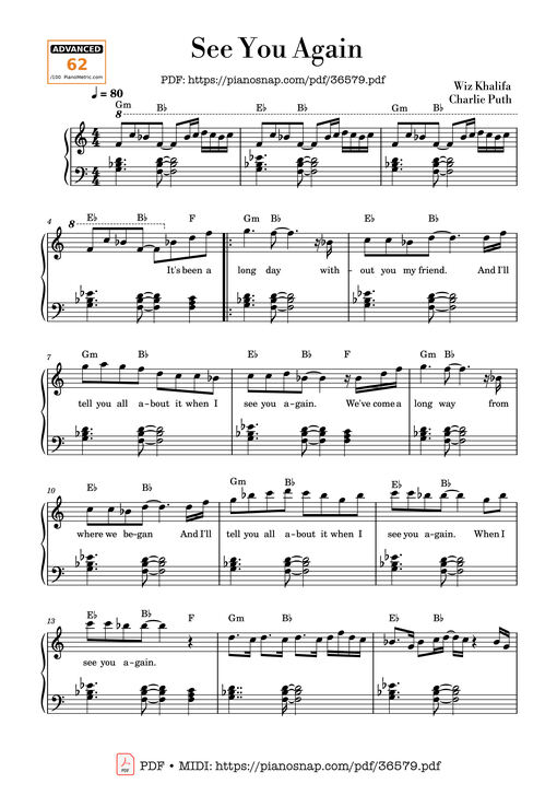 Sheet Music PDF for See You Again (Solo Piano)