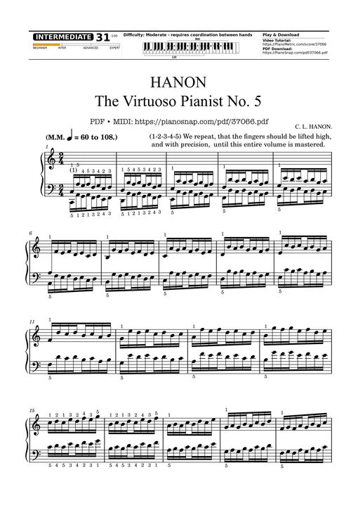 Sheet Music PDF for Hanon - The Virtuoso Pianist No. 5