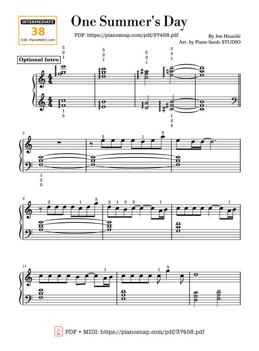 One Summer's Day Piano Sheet EASY
