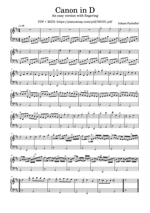Canon in D Sheet Piano (An easy version with fingering)