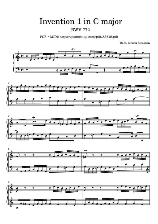 Sheet Music PDF for Invention 1 in C major BWV 772