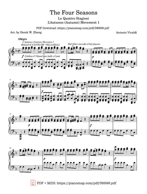 Sheet Music PDF for The Four Seasons - L'Autunno (Autumn) Movement 1