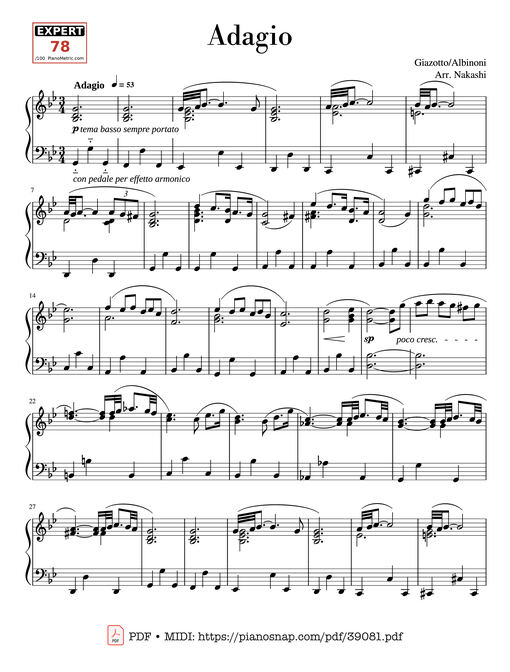 Sheet Music PDF for Adagio Albinoni (in G minor) - For Solo Piano