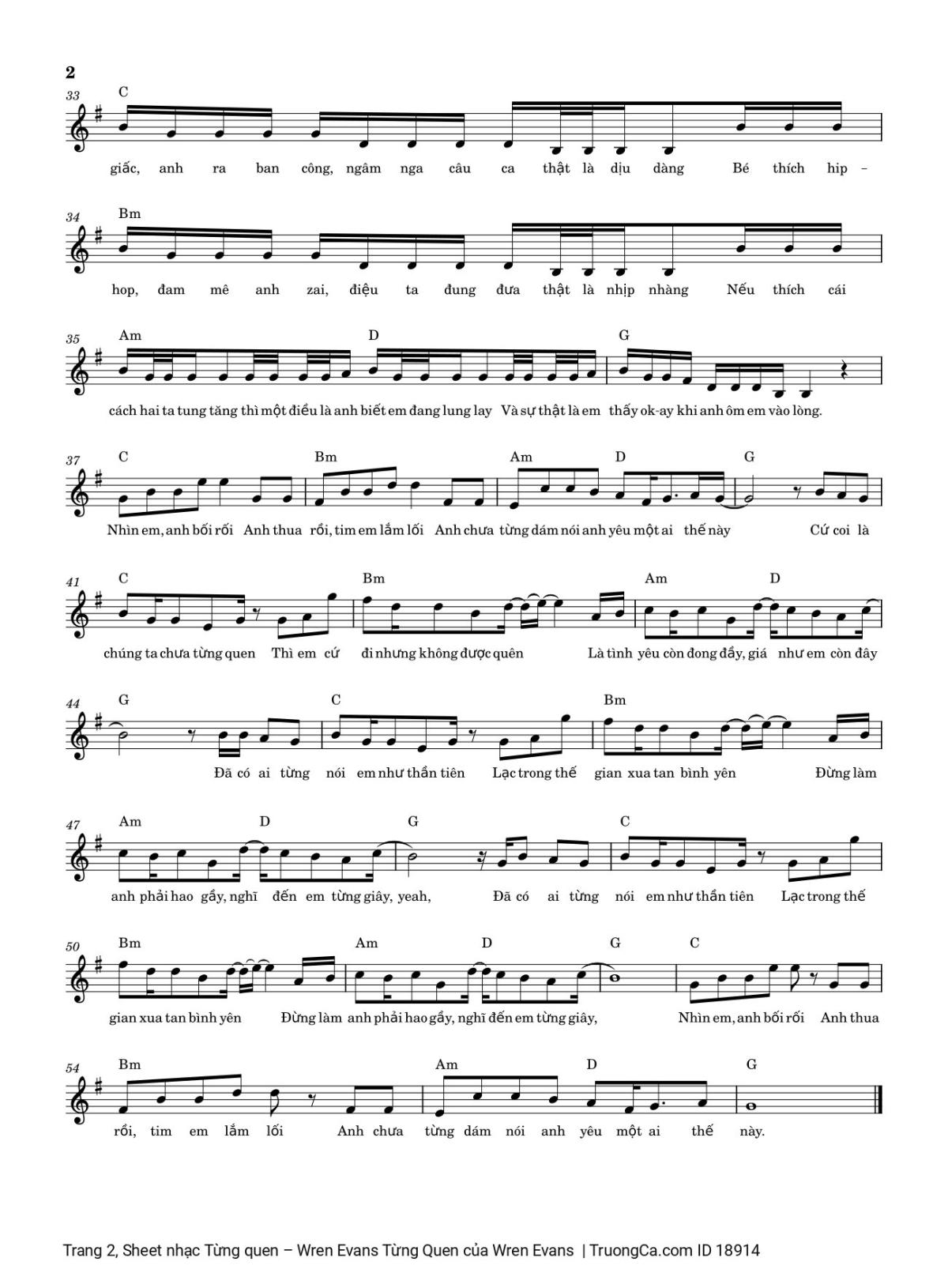 Page 2 of the piano sheet music PDF – Từng quen by Wren Evans