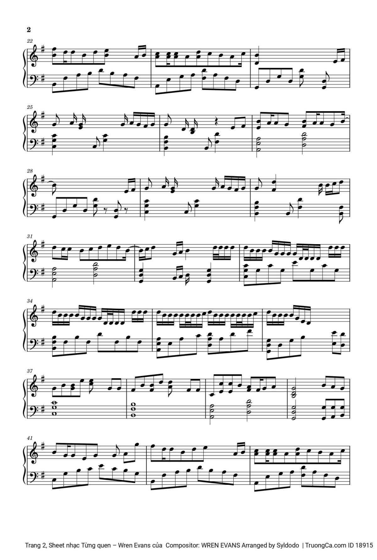 Page 2 of the piano sheet music PDF – Từng quen Piano by Wren Evans