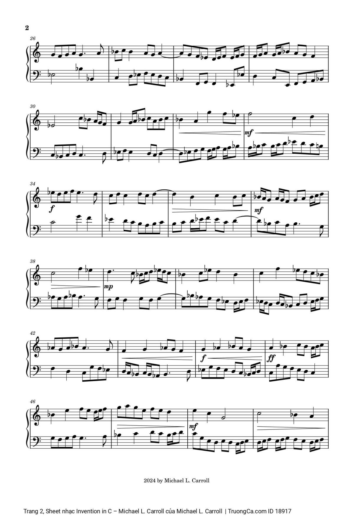 Page 2 of the piano sheet music PDF – Invention in C – Michael L. Carroll by Michael L. Carroll