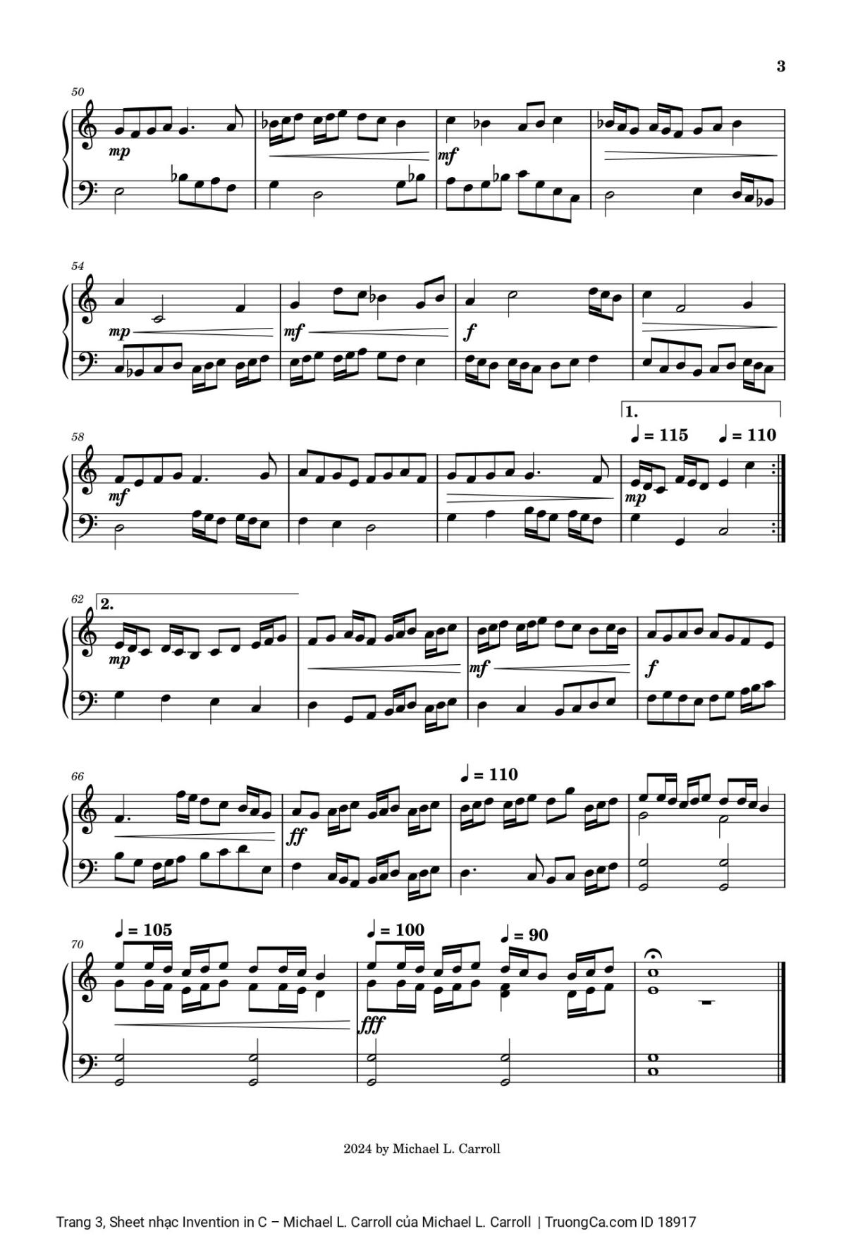 Page 3 of the piano sheet music PDF – Invention in C – Michael L. Carroll by Michael L. Carroll