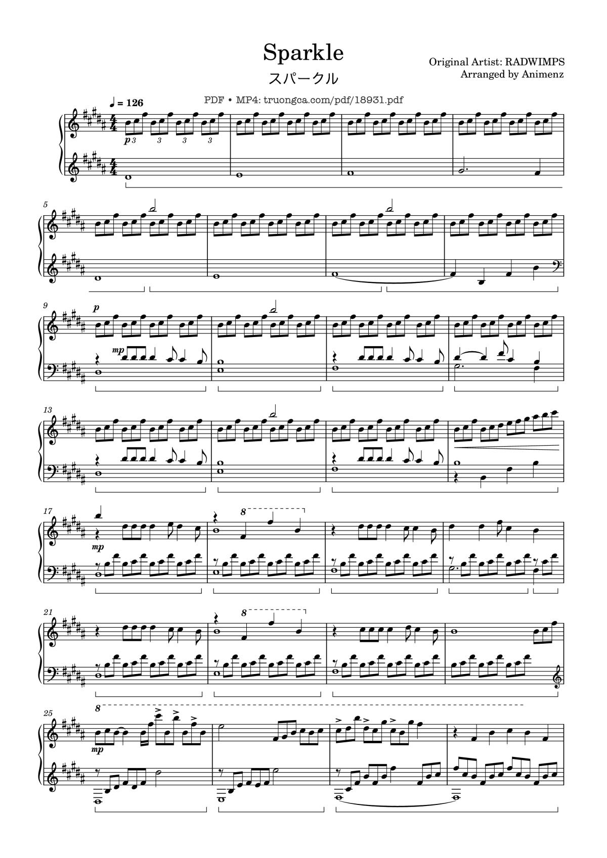 Page 1 of the piano sheet music PDF – Radwimps Sparkle Piano by Original Artist: RADWIMPS Arranged by Animenz