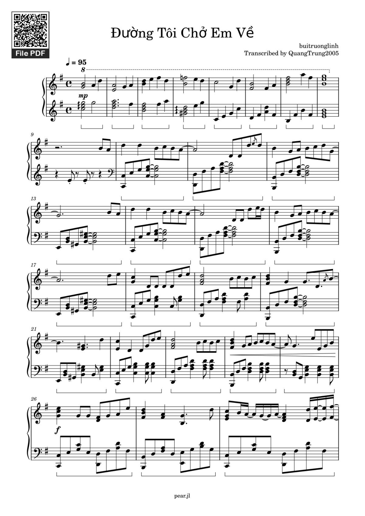 Page 1 of the piano sheet music PDF – Đường Tôi Chở Em Về sheet Piano by Buitruonglinh