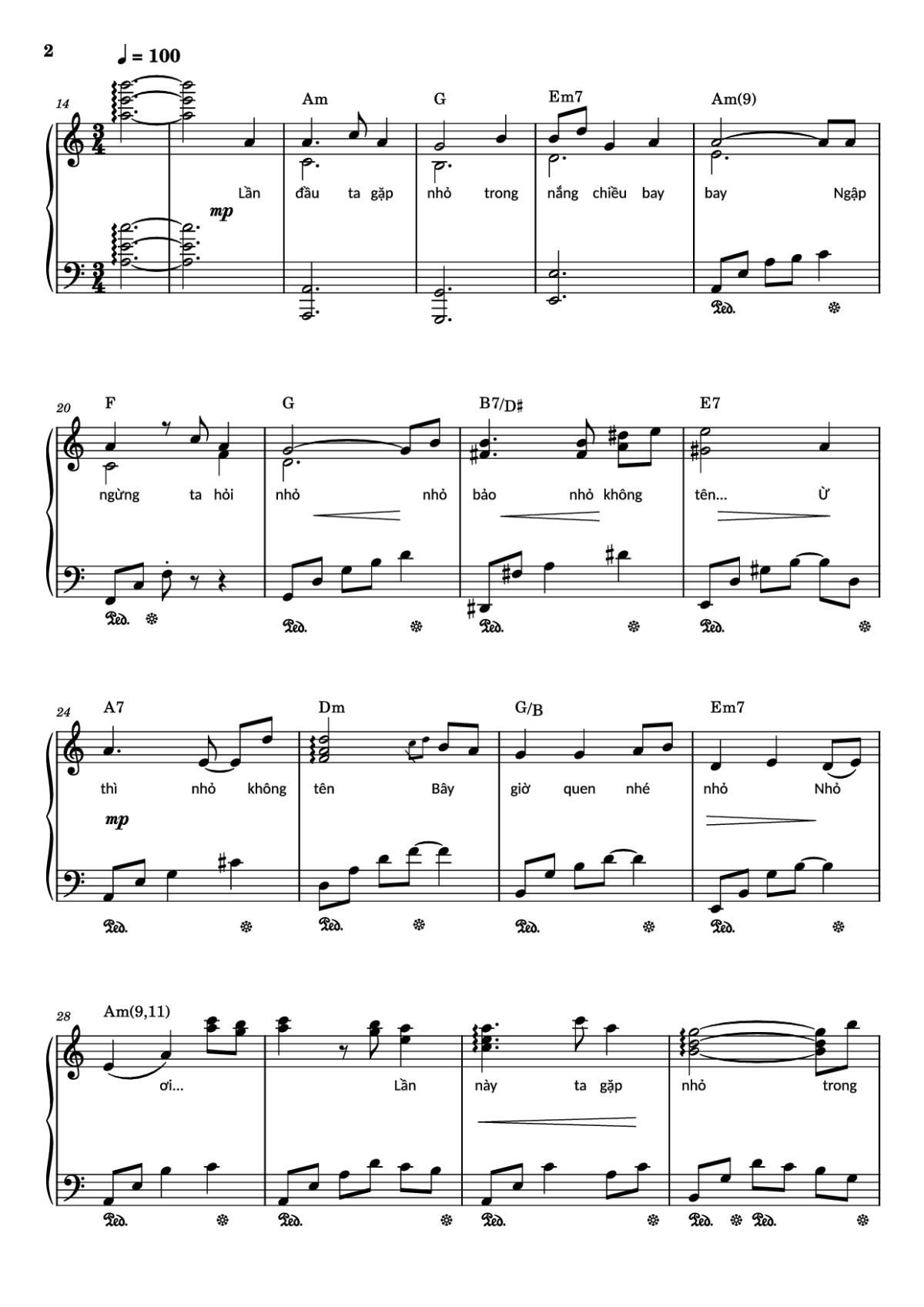 Page 2 of the piano sheet music PDF – Nhỏ ơi Sheet Piano by Đào Quang Nhật