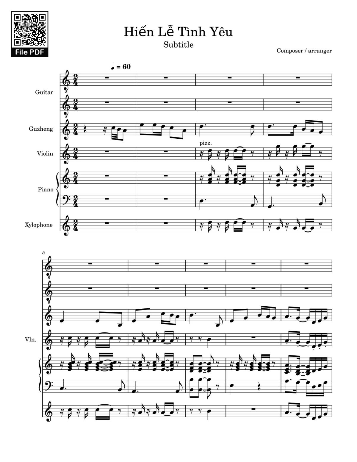 Page 1 of the piano sheet music PDF Piano Guitar Tab – Hiến Lễ Tình Yêu (hợp xướng Guitar, Harp, Violin, Piano, Xylophone) by Lm. Hoài Bắc