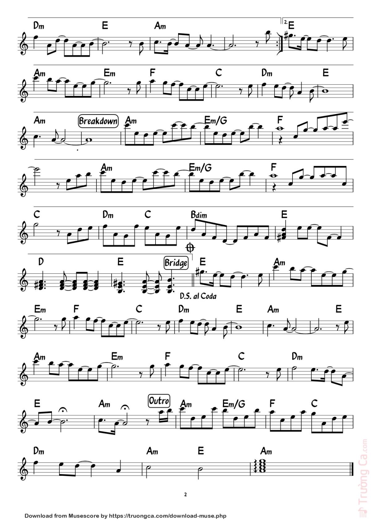 Page 2 of the piano sheet music PDF – Xin lỗi by Hoàng Lê Nhât Thanh