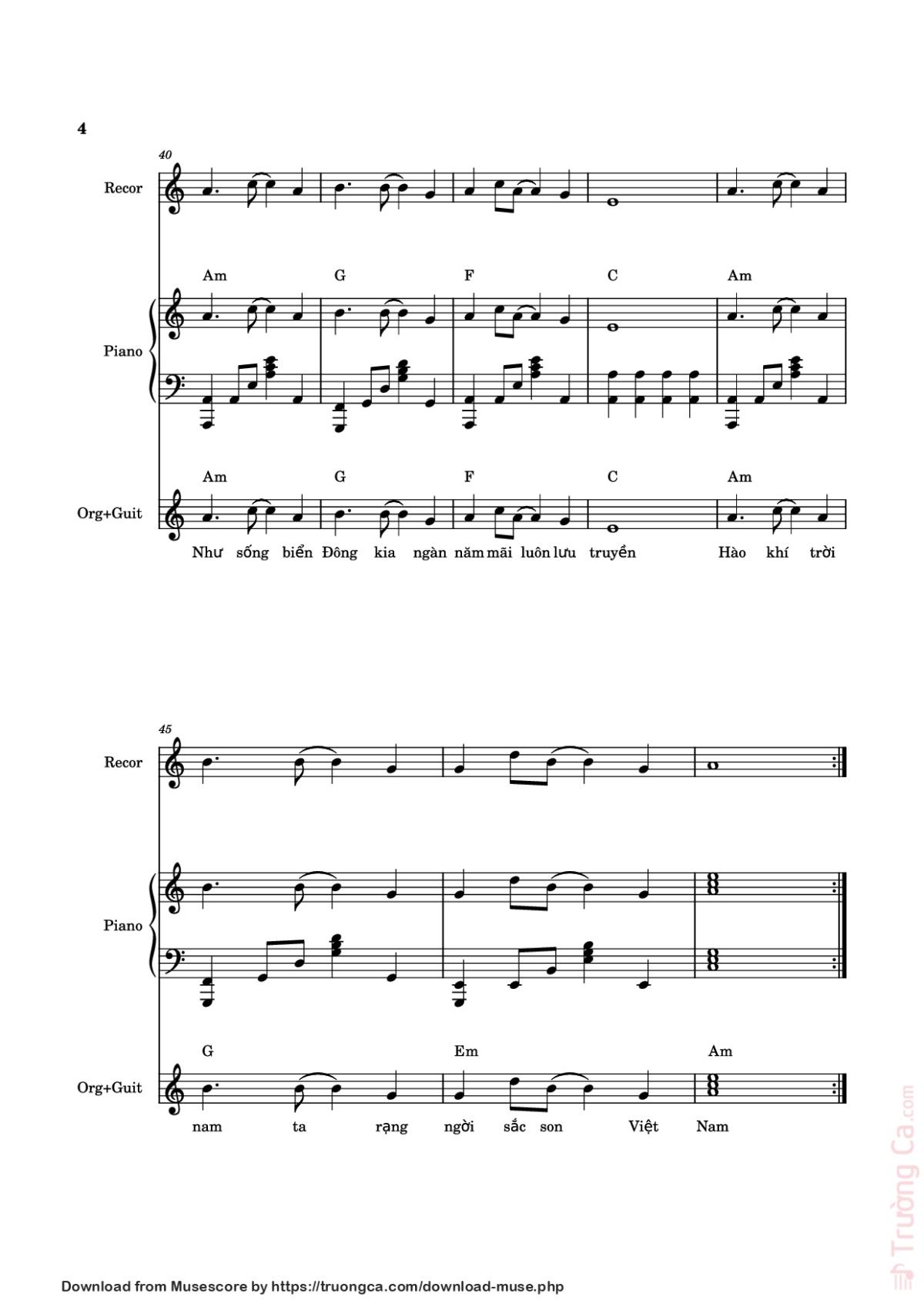 Page 4 of the piano sheet music PDF Piano – HÀO KHÍ VIỆT NAM Piano, Recorder, Synthesizer by Sáng tác: Holy Thắng
