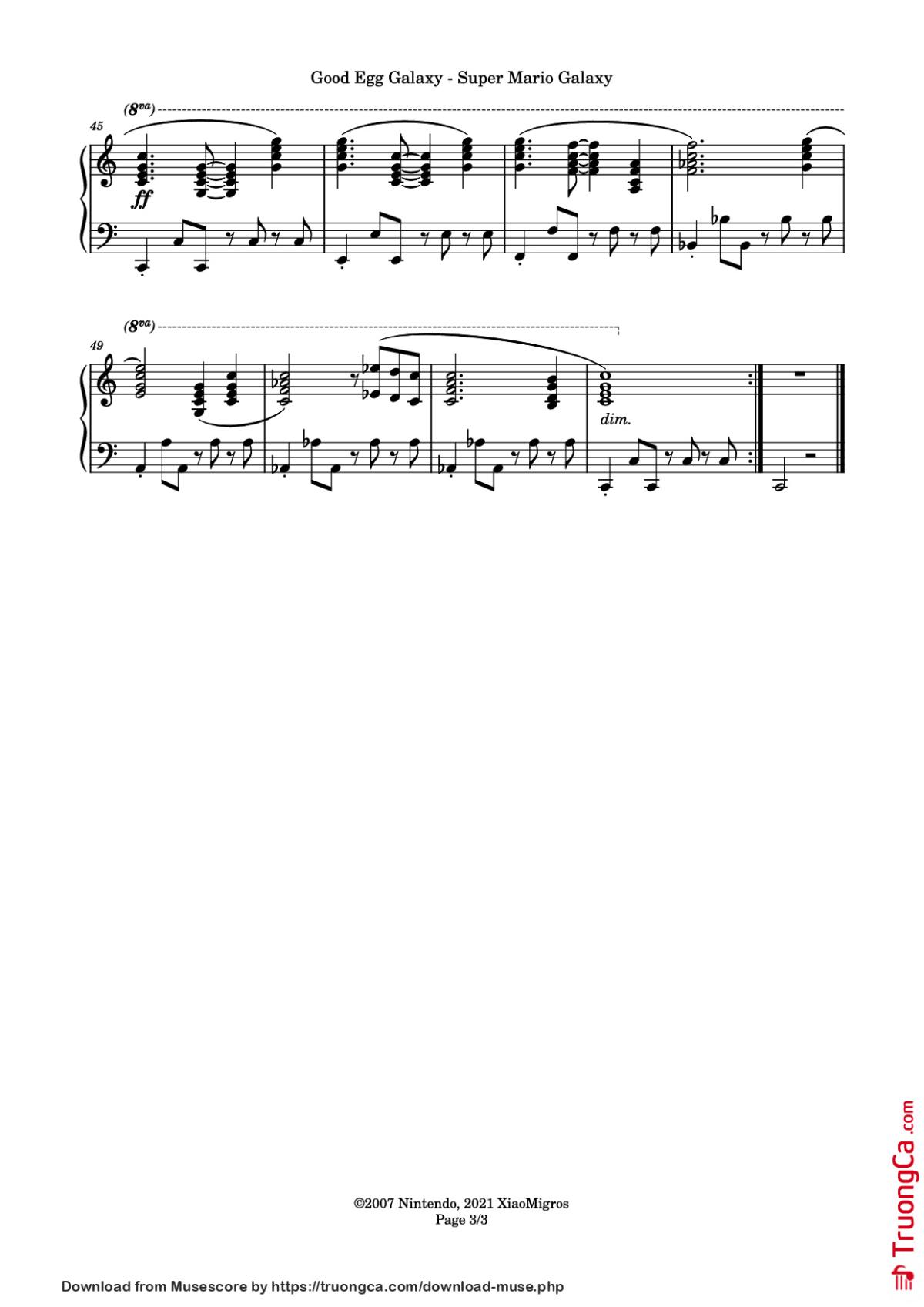 Page 3 of the piano sheet music PDF Piano – Good Egg Galaxy Piano by Composed by: Mahito Yokota