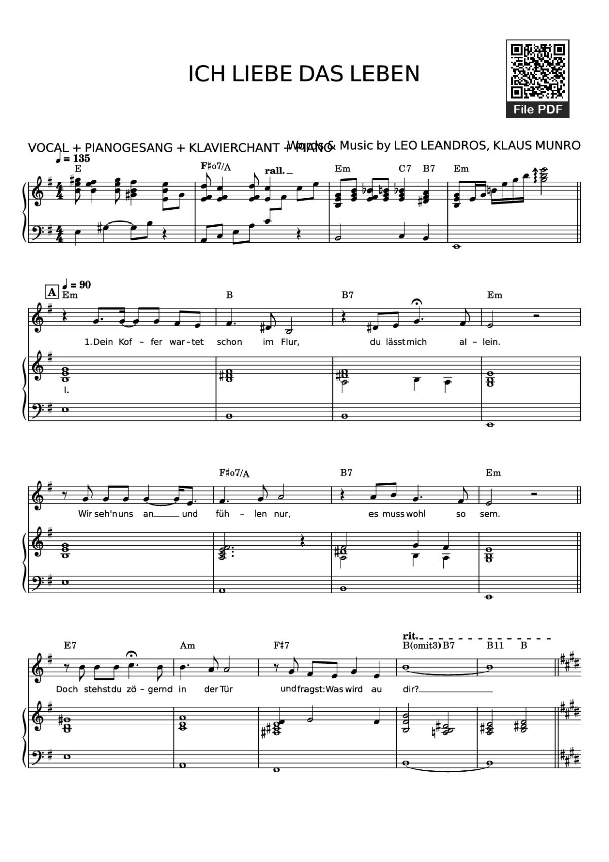 Page 1 of the piano sheet music PDF Piano – ICH LIEBE DAS LEBEN Piano by Words & Music by LEO LEANDROS, KLAUS MUNRO