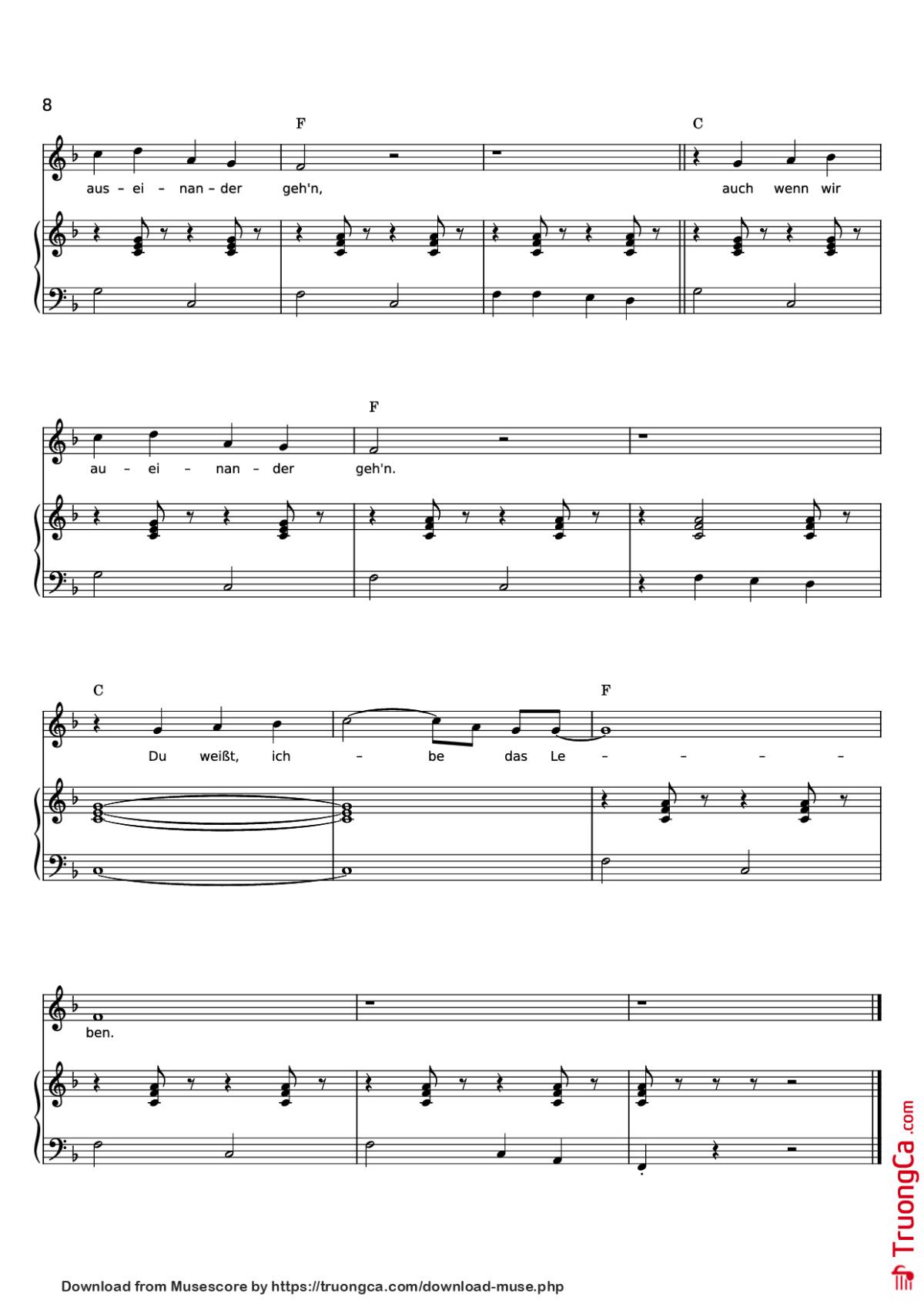 Page 8 of the piano sheet music PDF Piano – ICH LIEBE DAS LEBEN Piano by Words & Music by LEO LEANDROS, KLAUS MUNRO
