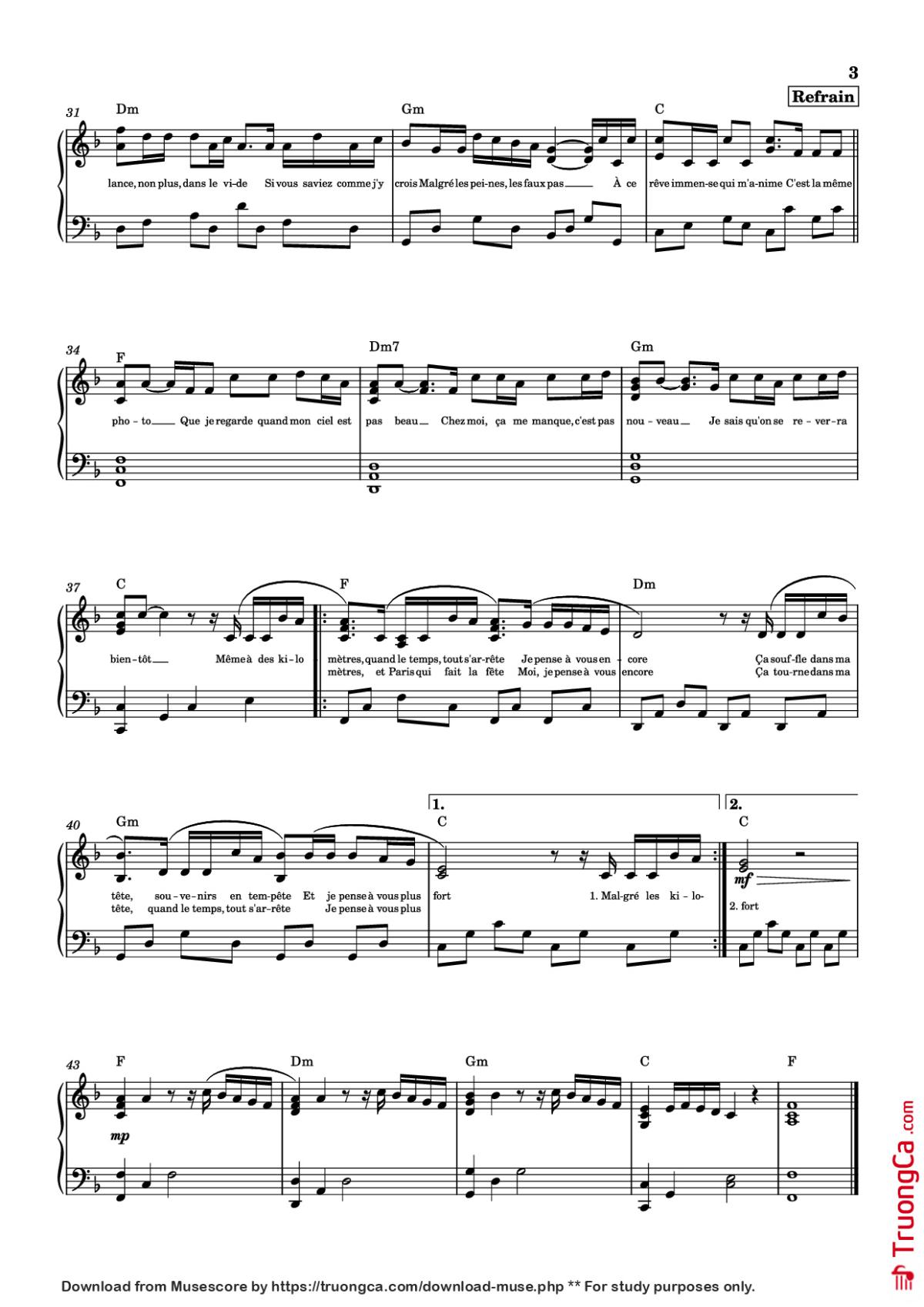 Page 3 of the piano sheet music PDF Piano – JE PENSE À VOUS Piano by Linh