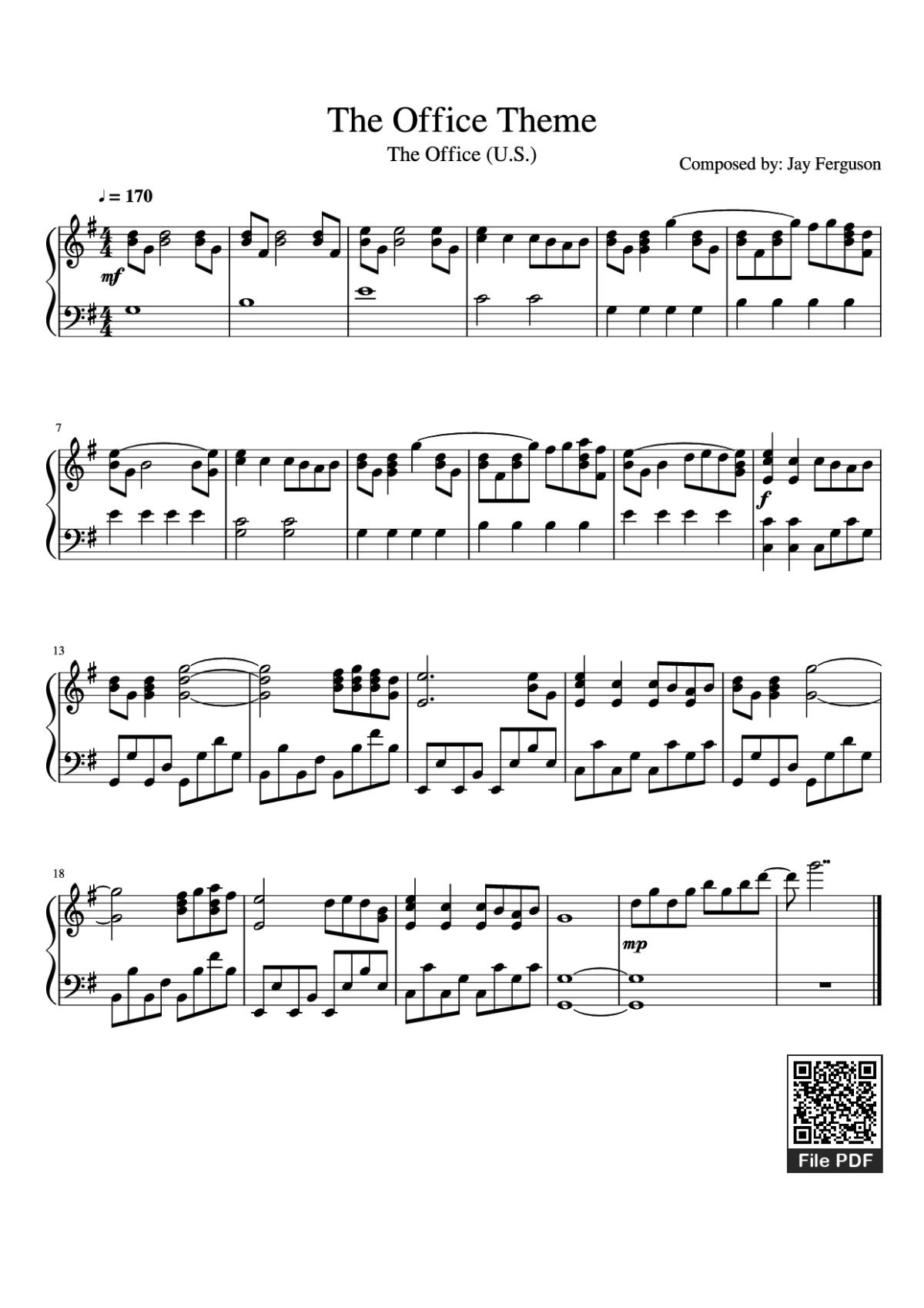 Page 1 of the piano sheet music PDF Piano – The Office Theme Piano by Composed by: Jay Ferguson