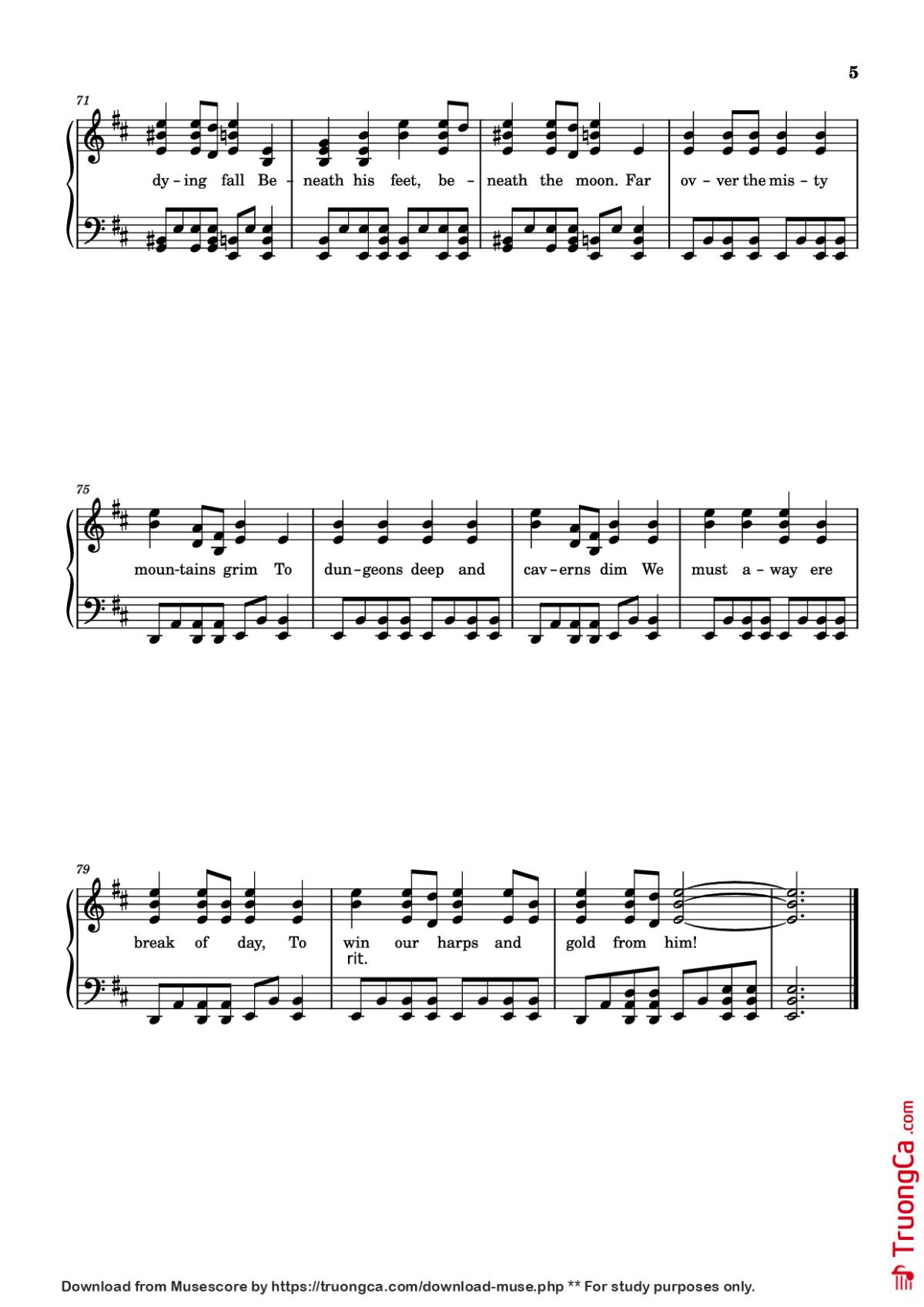 Page 5 of the piano sheet music PDF – Over the Misty Mountains Cold Piano by Music Bee