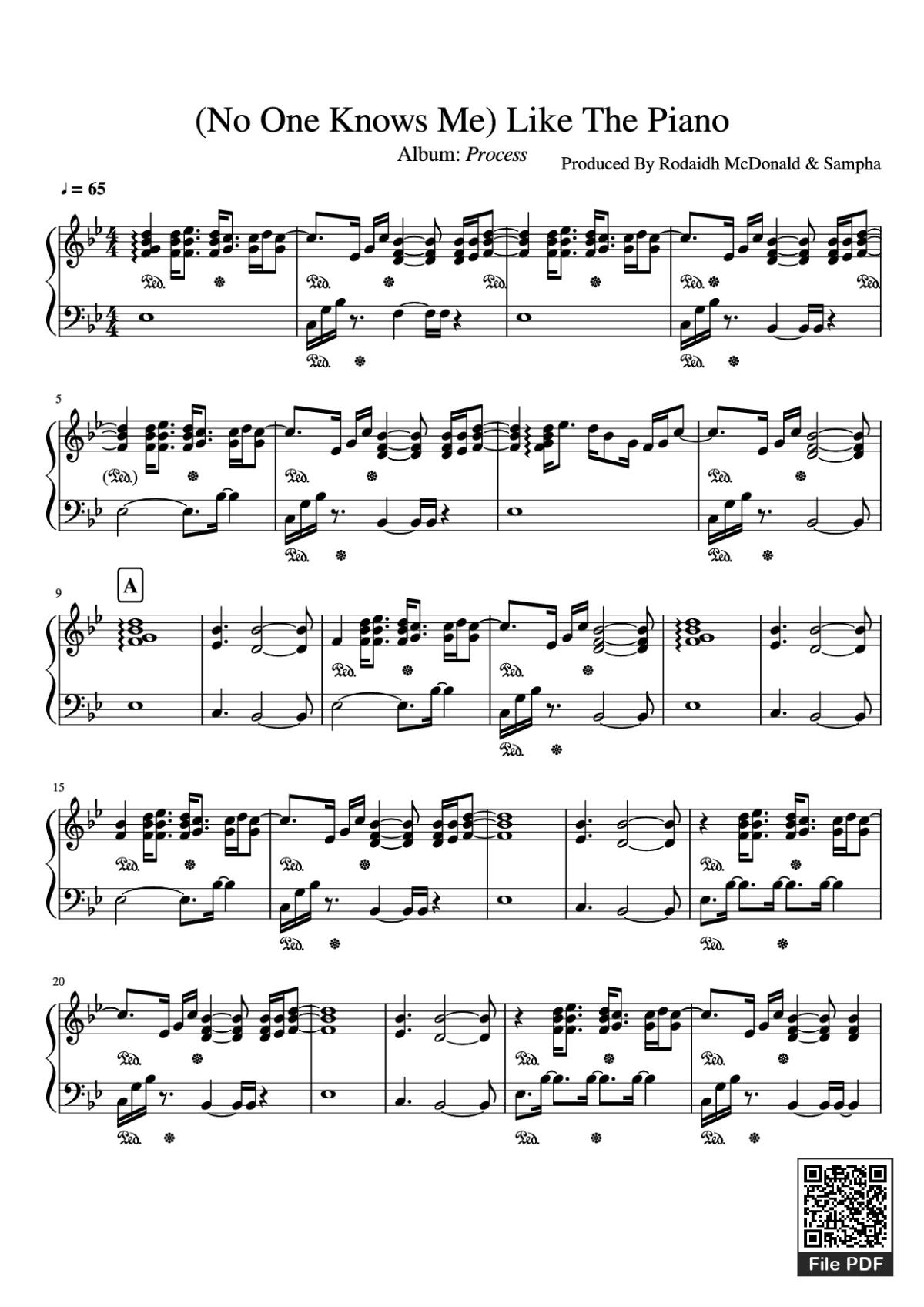 Page 1 of the piano sheet music PDF Piano – (No One Knows Me) Like The Piano by Produced By Rodaidh McDonald & Sampha