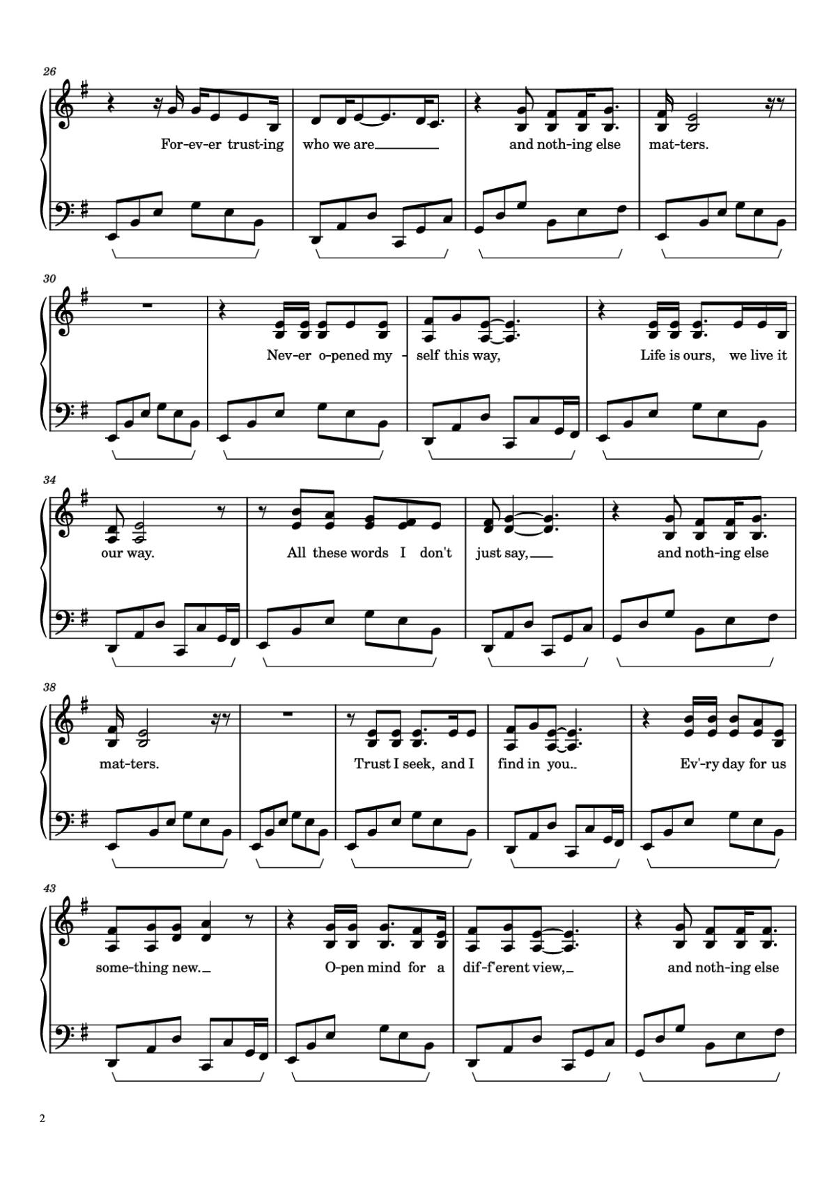 Page 2 of the piano sheet music PDF Piano – Nothing Else Matters Piano by Metallica