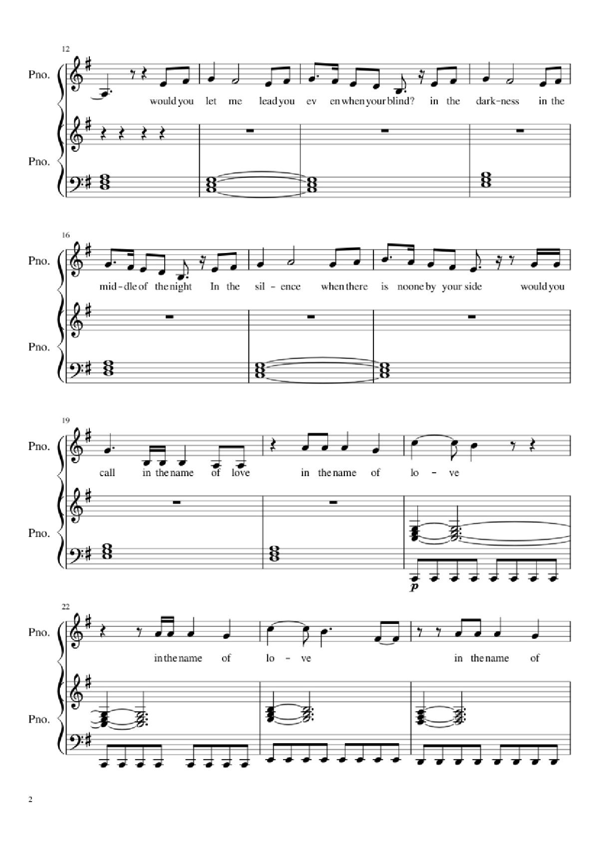 Page 2 of the piano sheet music PDF Piano – In the Name of Love Piano by Ole Berntsen