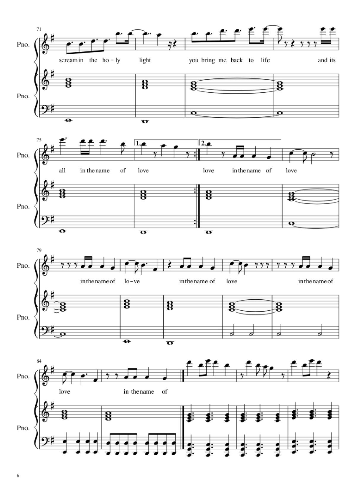 Page 6 of the piano sheet music PDF Piano – In the Name of Love Piano by Ole Berntsen