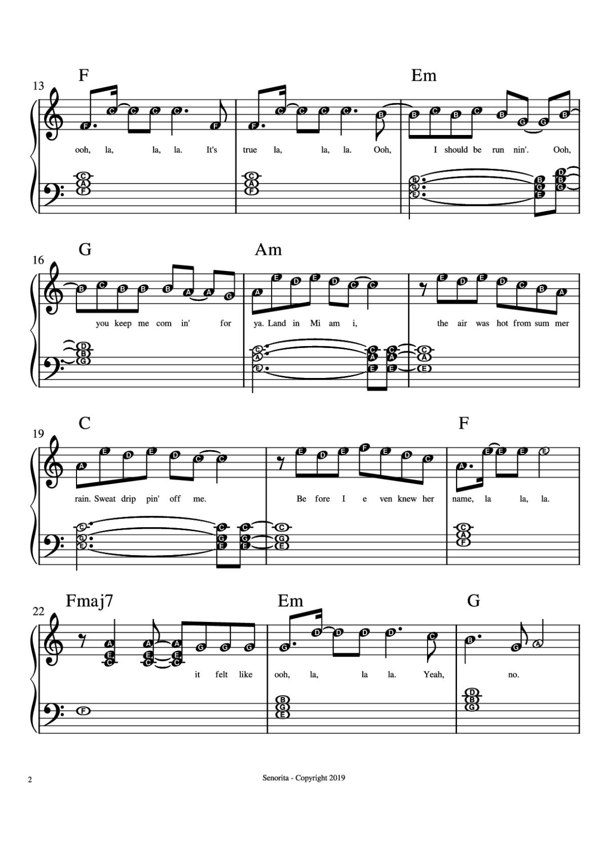 Page 2 of the piano sheet music PDF Piano – Senorita Piano by Camilla Cabello, Shawn Mendes
