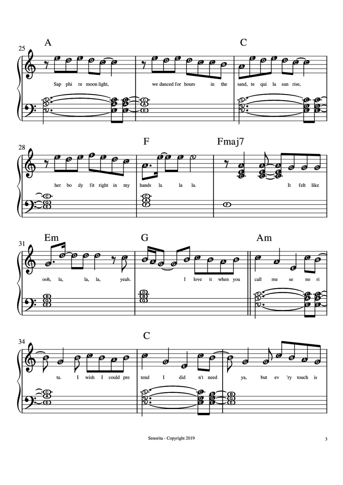 Page 3 of the piano sheet music PDF Piano – Senorita Piano by Camilla Cabello, Shawn Mendes