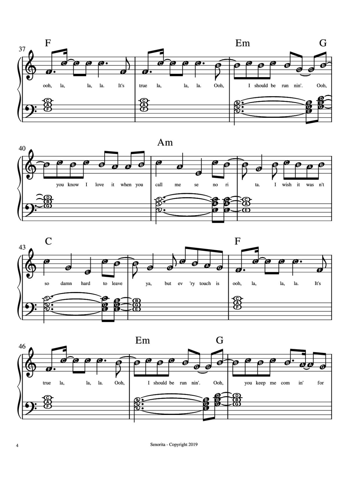 Page 4 of the piano sheet music PDF Piano – Senorita Piano by Camilla Cabello, Shawn Mendes