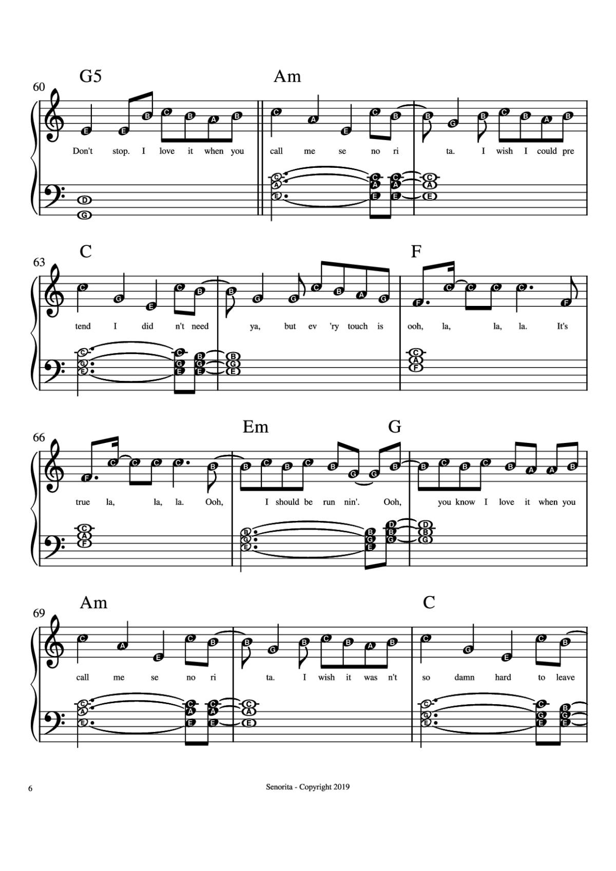 Page 6 of the piano sheet music PDF Piano – Senorita Piano by Camilla Cabello, Shawn Mendes