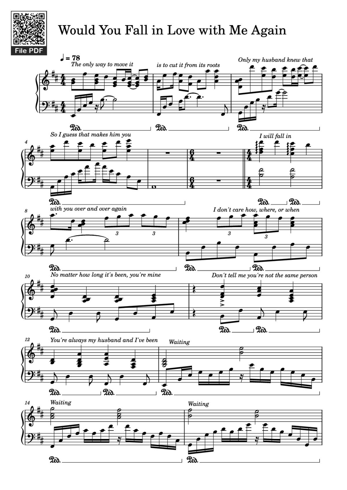 Page 1 of the piano sheet music PDF Piano – Would You Fall in Love with Me Again Piano by Composer / arranger