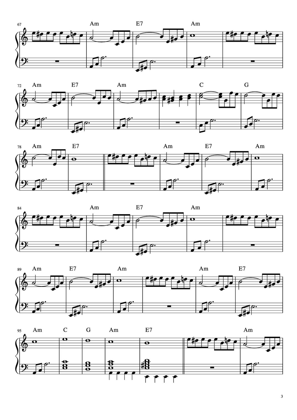 Page 3 of the piano sheet music PDF Piano – Fur Elise Piano by Arranged by Esdras de Souza