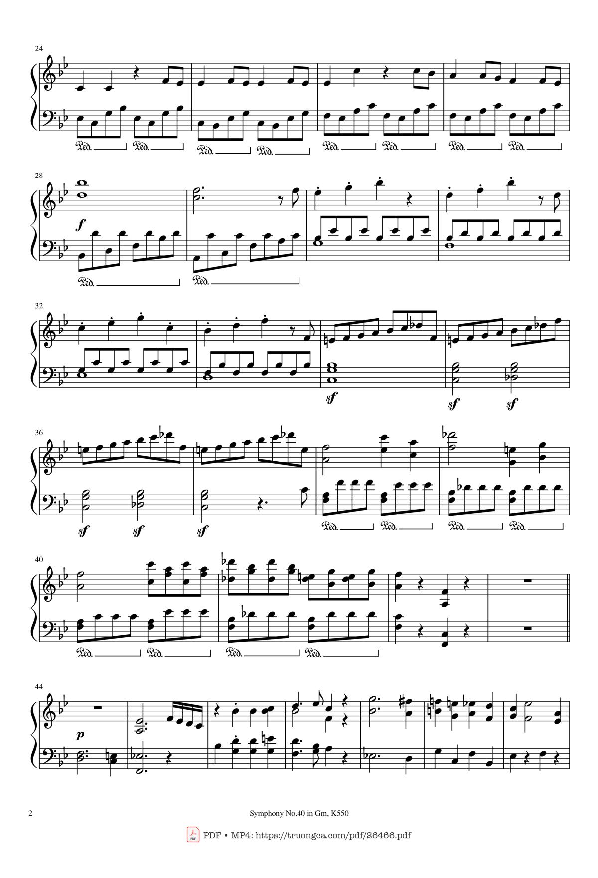 Page 2 of the piano sheet music PDF Piano – Symphony No.40 in Gm, K550 Piano by W.A.Mozart
