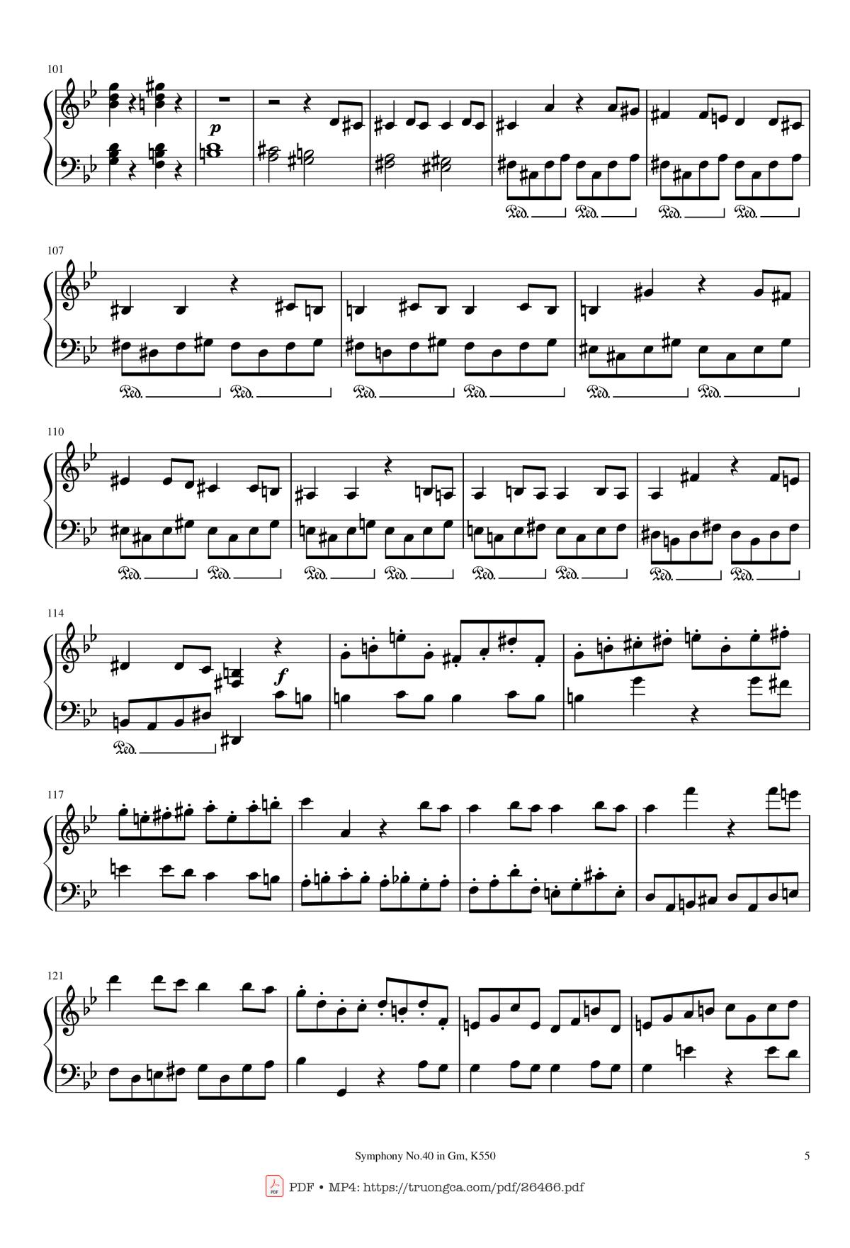Page 5 of the piano sheet music PDF Piano – Symphony No.40 in Gm, K550 Piano by W.A.Mozart