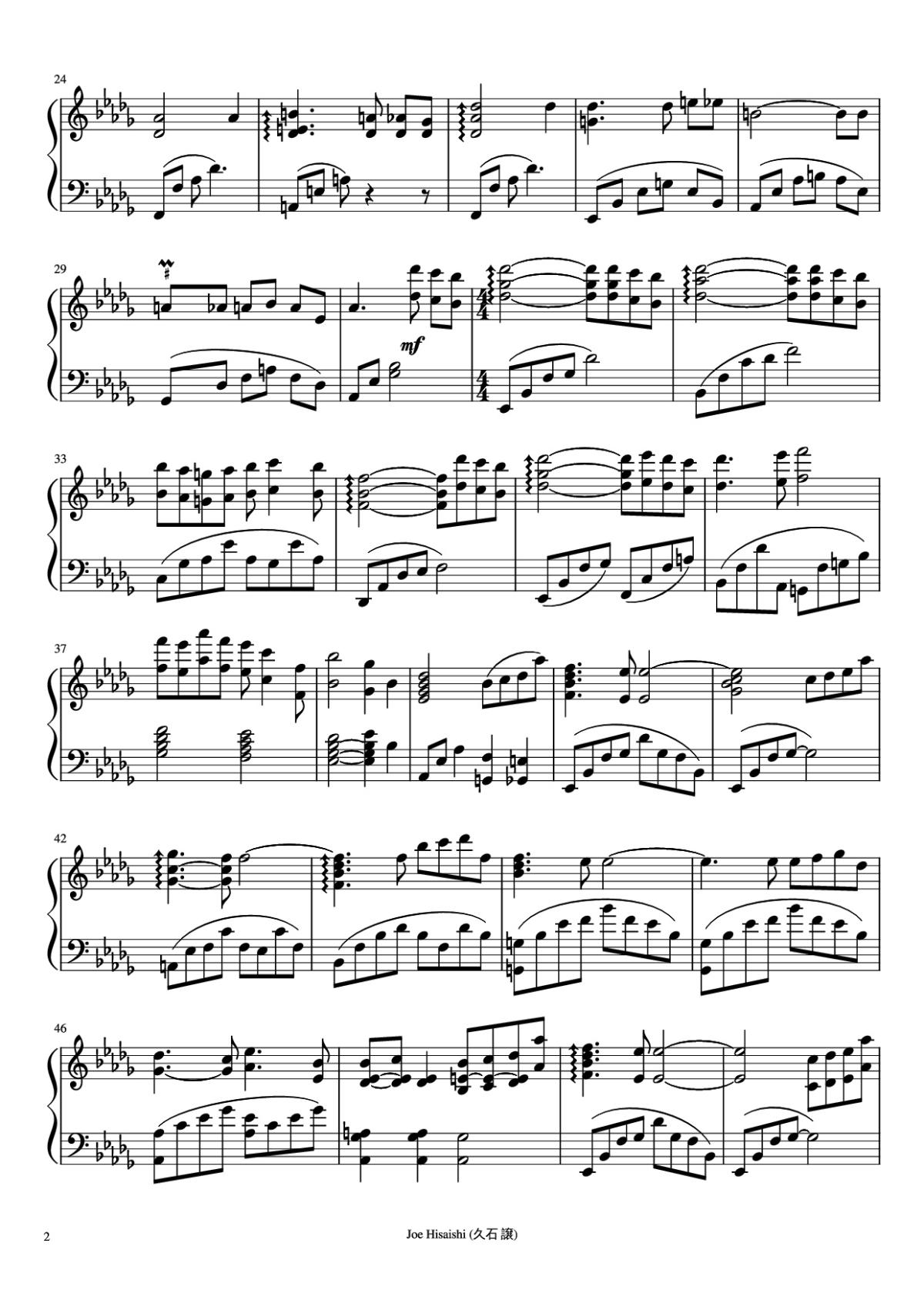 Page 2 of the piano sheet music PDF Piano – Nostalgia Piano by Composer: Joe Hisaishi