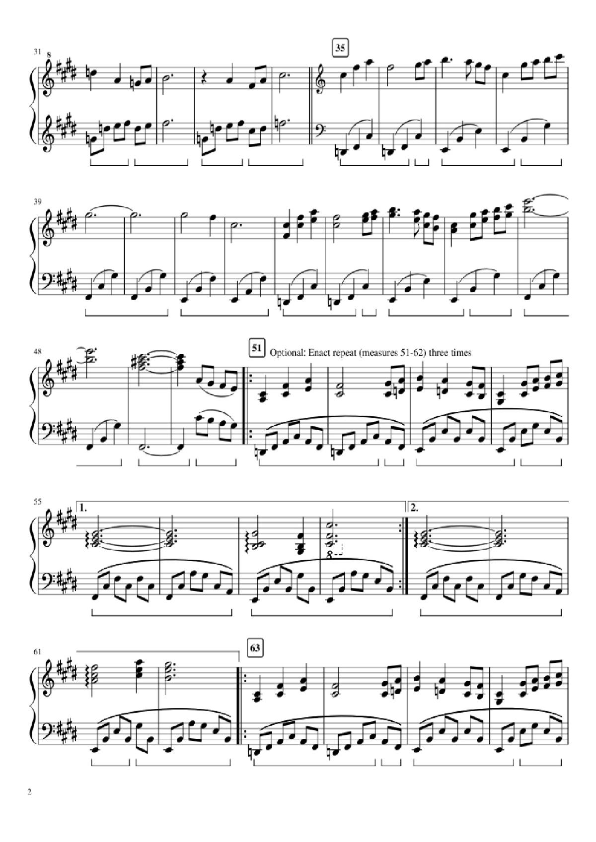 Page 2 of the piano sheet music PDF Piano – An Ending & Respite Piano by Composition by Toby Fox Arrangement by articulatedaffectivity